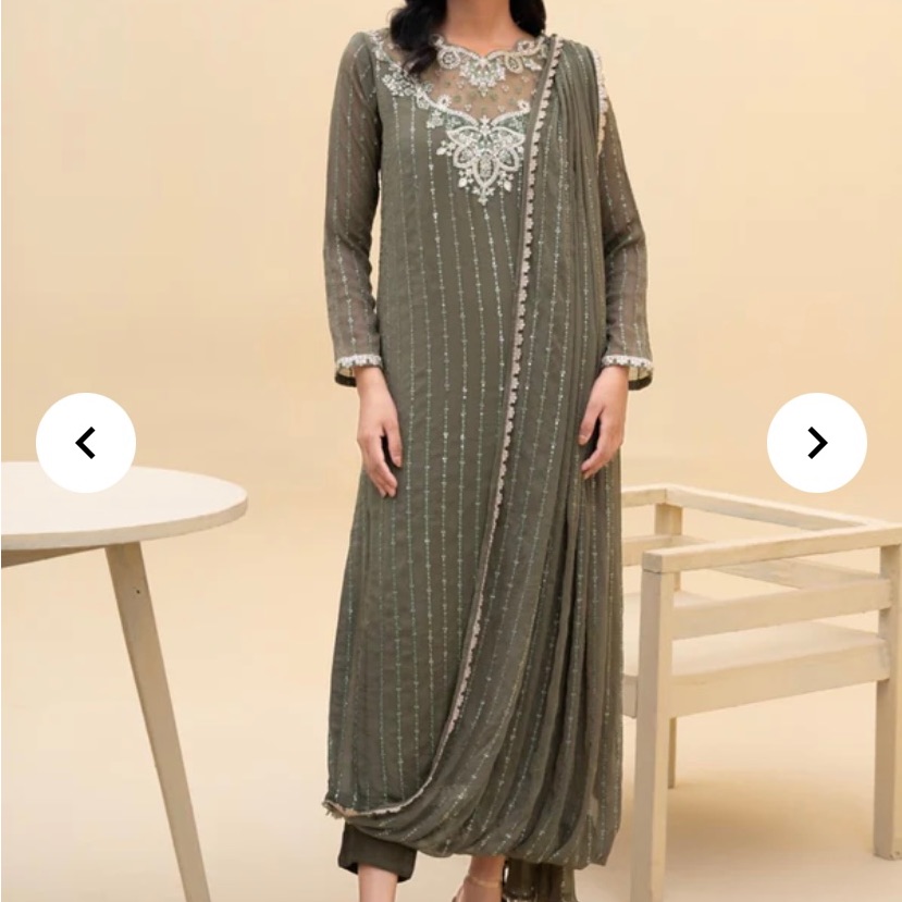 Pakistani Indian Bollywood Olive Green Embroidered Kameez Trouser Attach Duputta